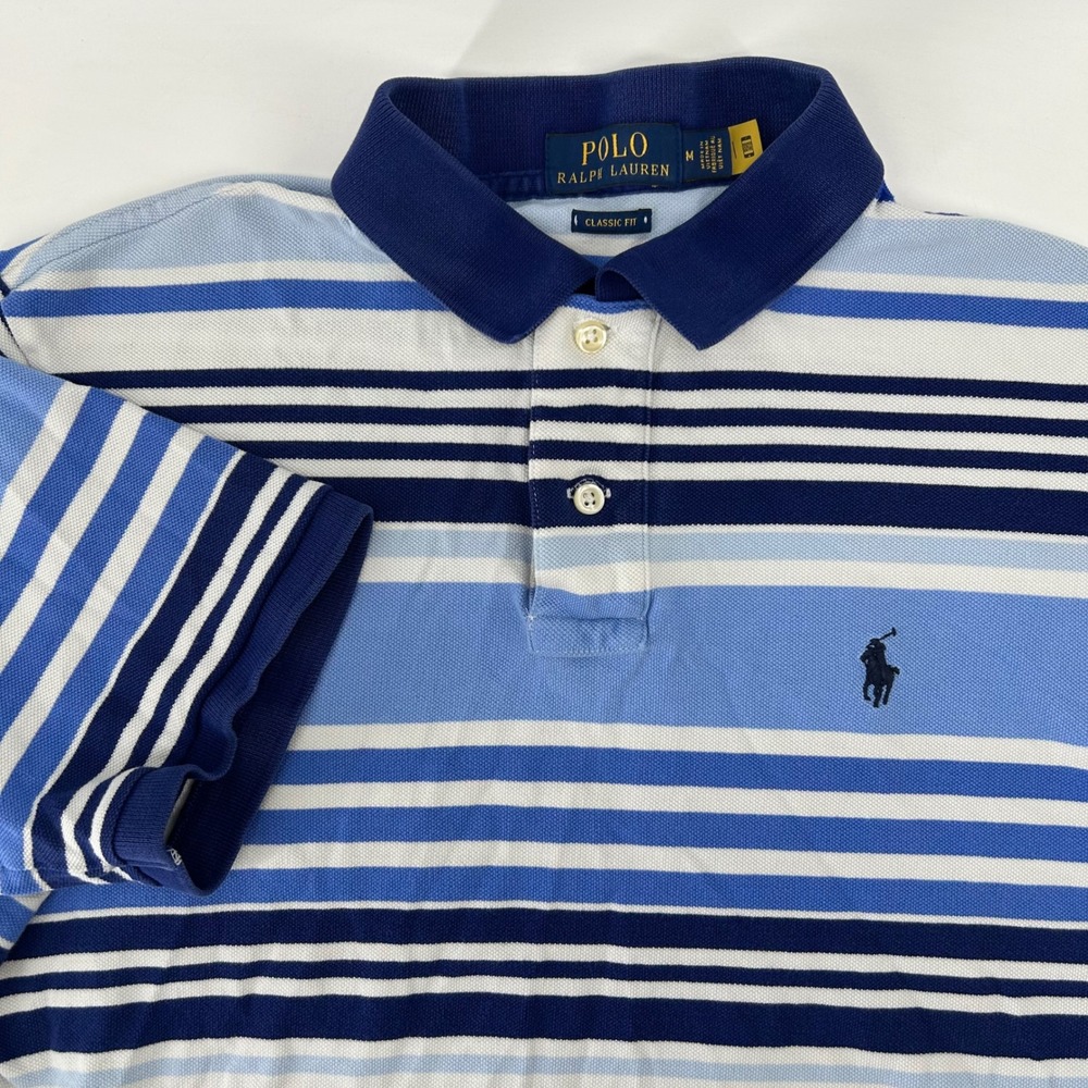 Polo Ralph Lauren Polo Shirt Mens M Blue Striped Classic Fit Short Sleeve Pony